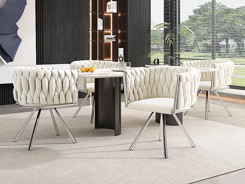 Lot de 4 chaises pivotantes en velours avec accoudoirs - pieds en métal argenté - Beige