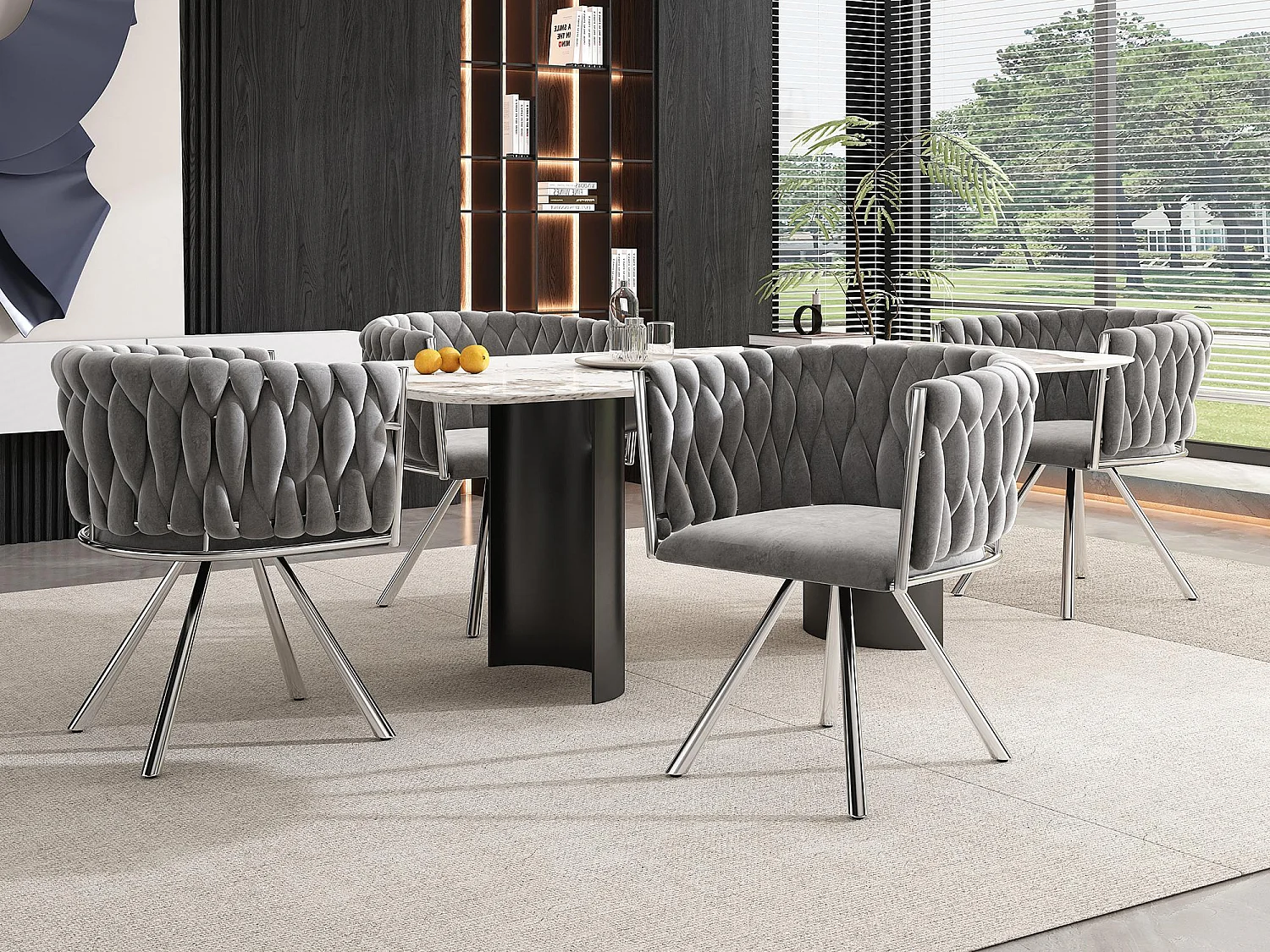 Lot de 4 chaises pivotantes en velours avec accoudoirs - pieds en métal argenté - Gris