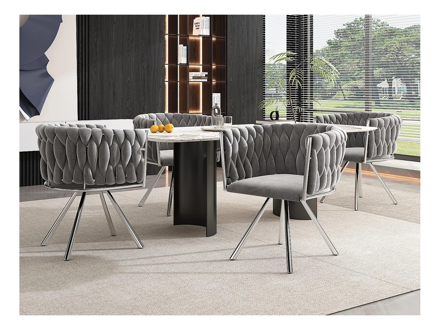 Lot de 4 chaises pivotantes en velours avec accoudoirs - pieds en métal argenté - Gris