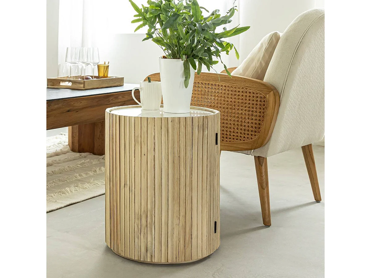 Mesa de noche de madera de mango y mármol blanco Diego