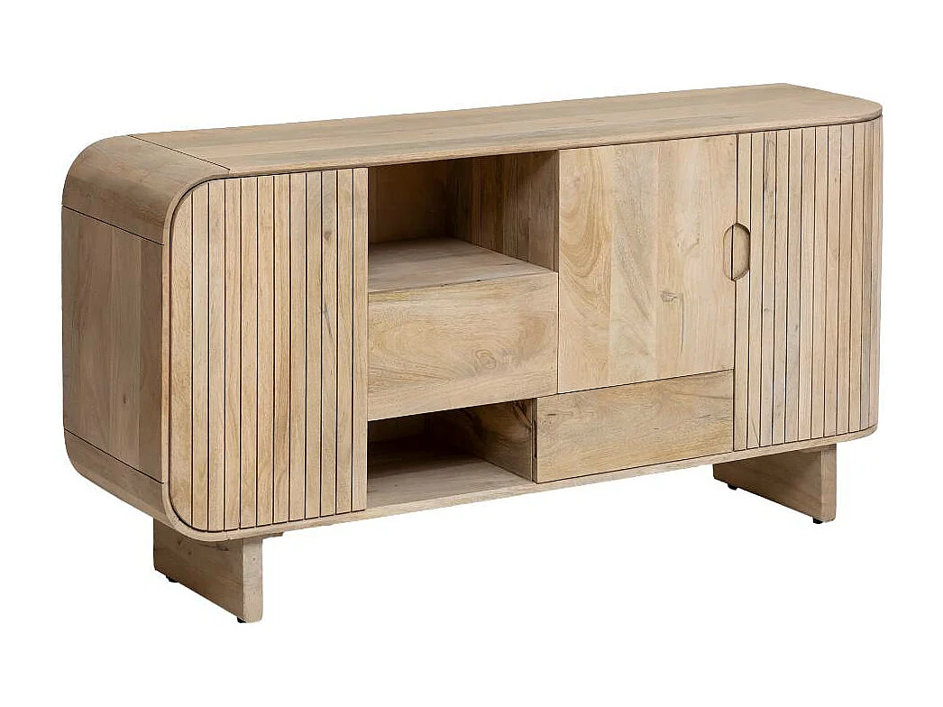 Buffet de madera de mango Yoni con 5 compartimentos cerrados y 2 espacios abiertos