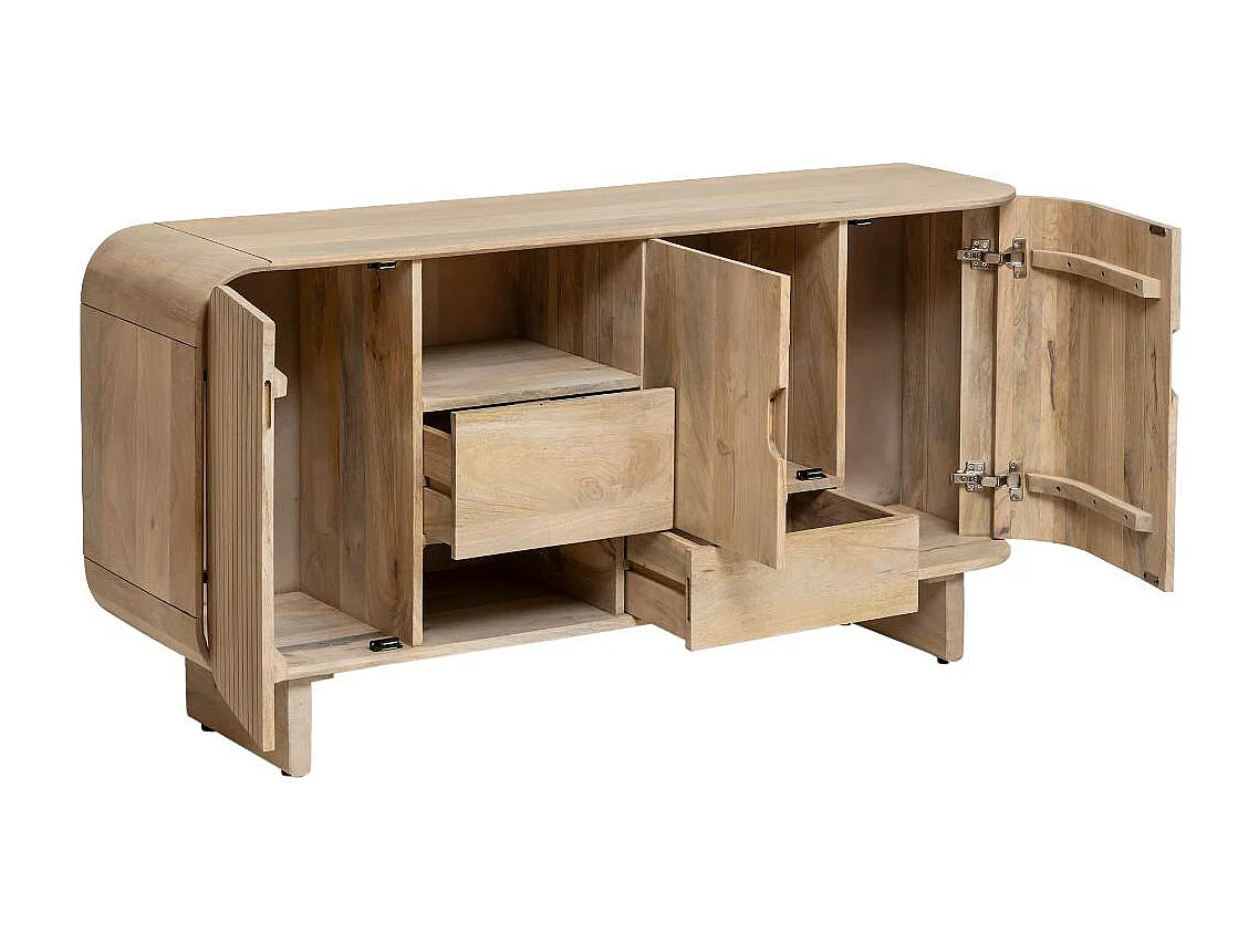 Buffet de madera de mango Yoni con 5 compartimentos cerrados y 2 espacios abiertos