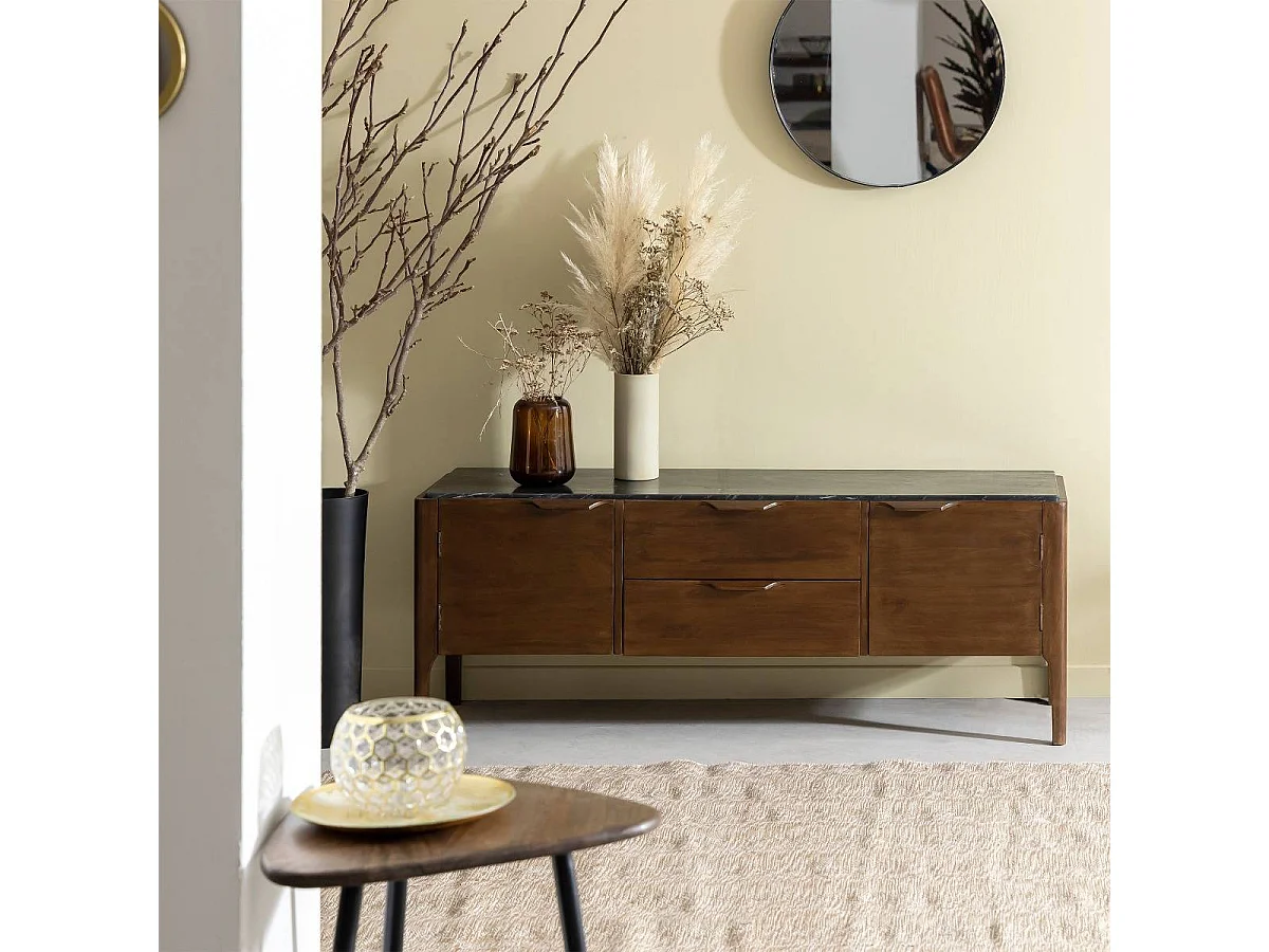 Meuble TV en bois de manguier et marbre noir Roch