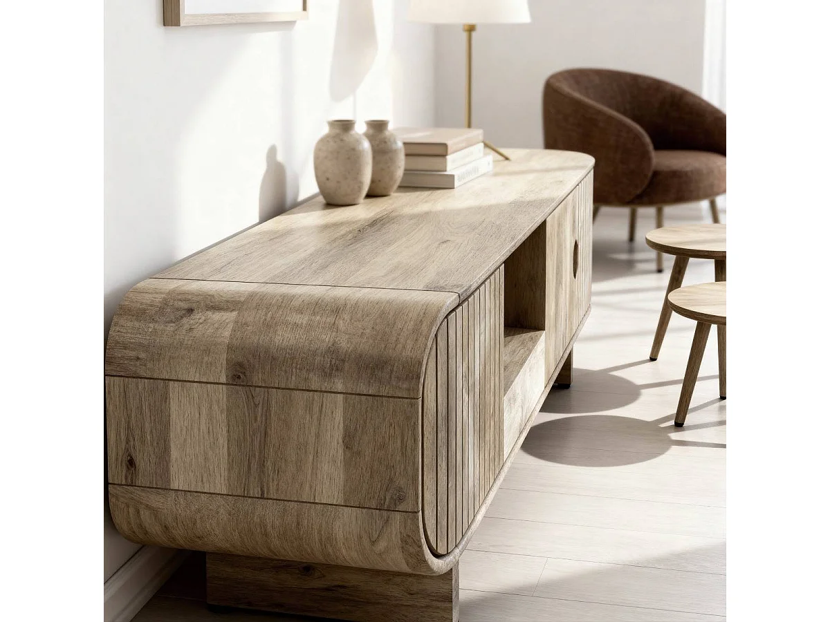 Mueble de TV de madera de mango Yoni con almacenamiento y diseño contemporáneo