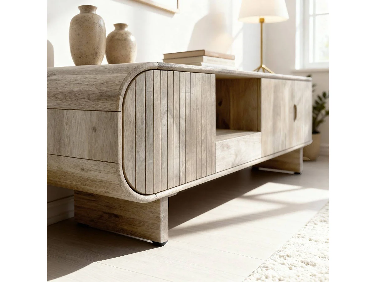 Mueble de TV de madera de mango Yoni con almacenamiento y diseño contemporáneo