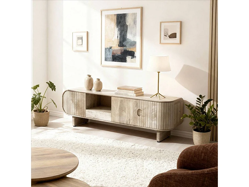 Mueble de TV de madera de mango Yoni con almacenamiento y diseño contemporáneo