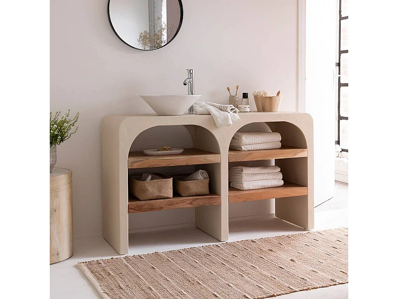 Mueble bajo lavabo de MDF efecto hormigón y madera de acacia Dalva con almacenamiento para baño