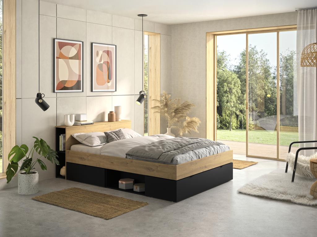 Bett - 140 x 190 cm - 3 Schubladen & 6 Ablagefächer + Lattenrost - Holzfarb günstig online kaufen