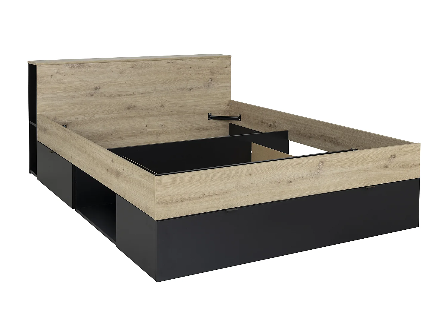 Letto 140 x 190 cm 3 cassetti e 6 nicchie Naturale e Nero + Rete  - CIKETO
