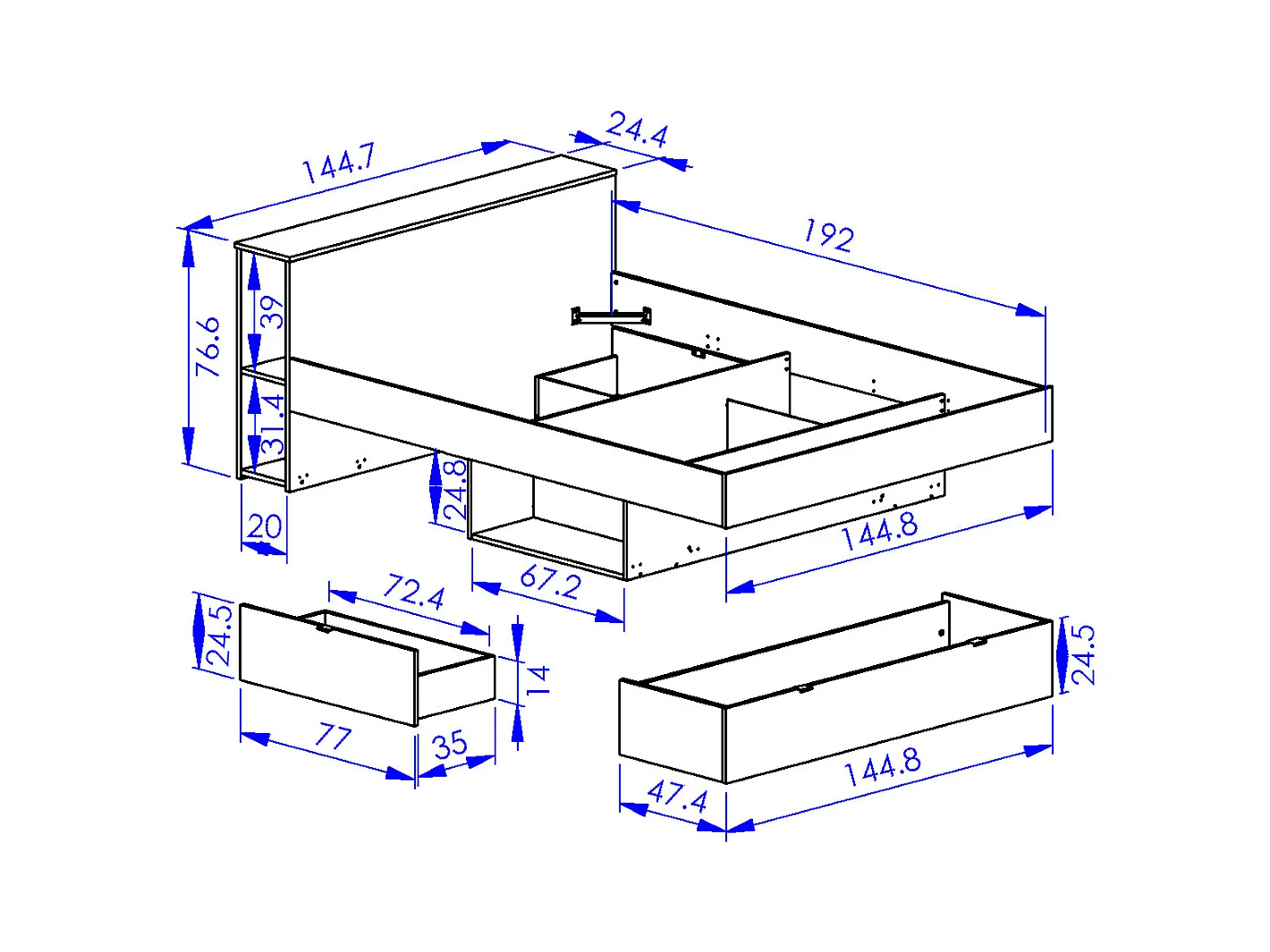 Letto 140 x 190 cm 3 cassetti e 6 nicchie Naturale e Nero + Rete  - CIKETO