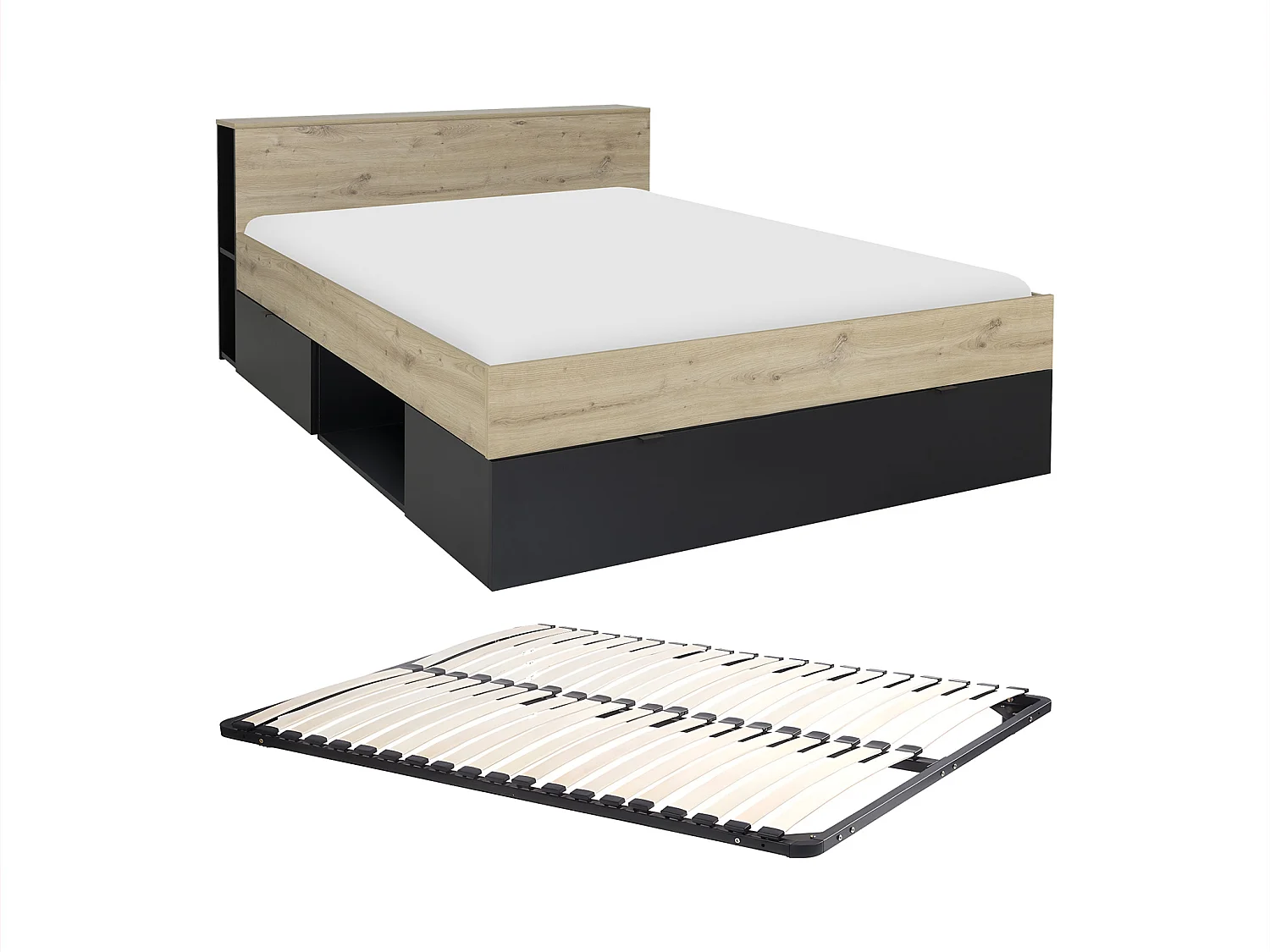 Letto 140 x 190 cm 3 cassetti e 6 nicchie Naturale e Nero + Rete  - CIKETO