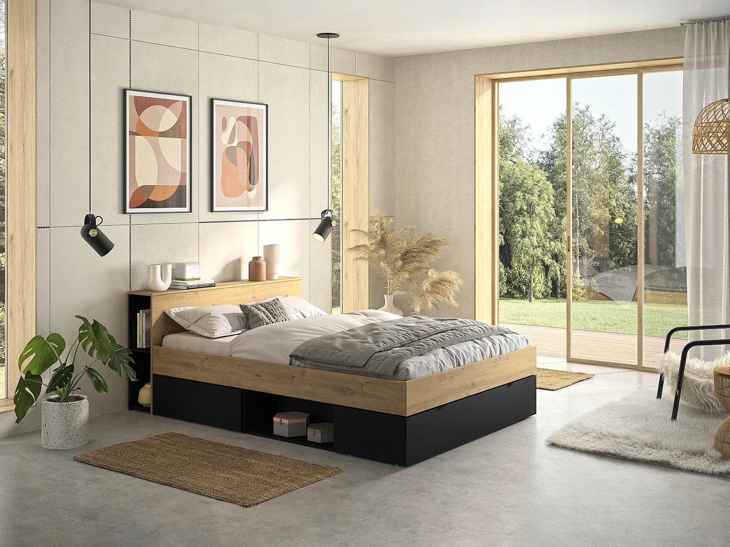 Lit 140 x 190 cm - 3 tiroirs et 6 niches - Naturel et noir + Sommier - CIKETO