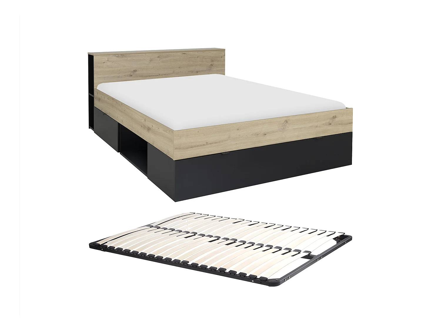 Letto 140 x 190 cm 3 cassetti e 6 nicchie Naturale e Nero + Rete  - CIKETO