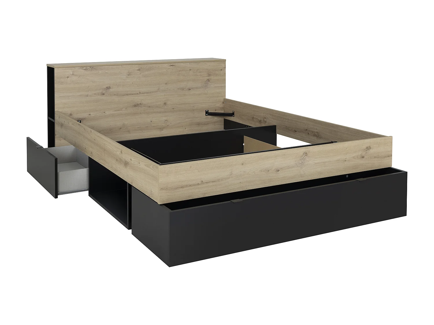 Bett - 140 x 190 cm - 3 Schubladen & 6 Ablagefächer + Lattenrost - Holzfarben & Schwarz - CIKETO