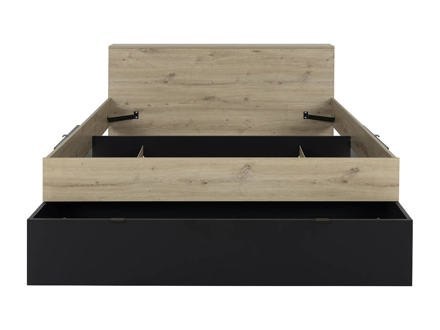 Bett - 140 x 190 cm - 3 Schubladen & 6 Ablagefächer + Lattenrost - Holzfarben & Schwarz - CIKETO