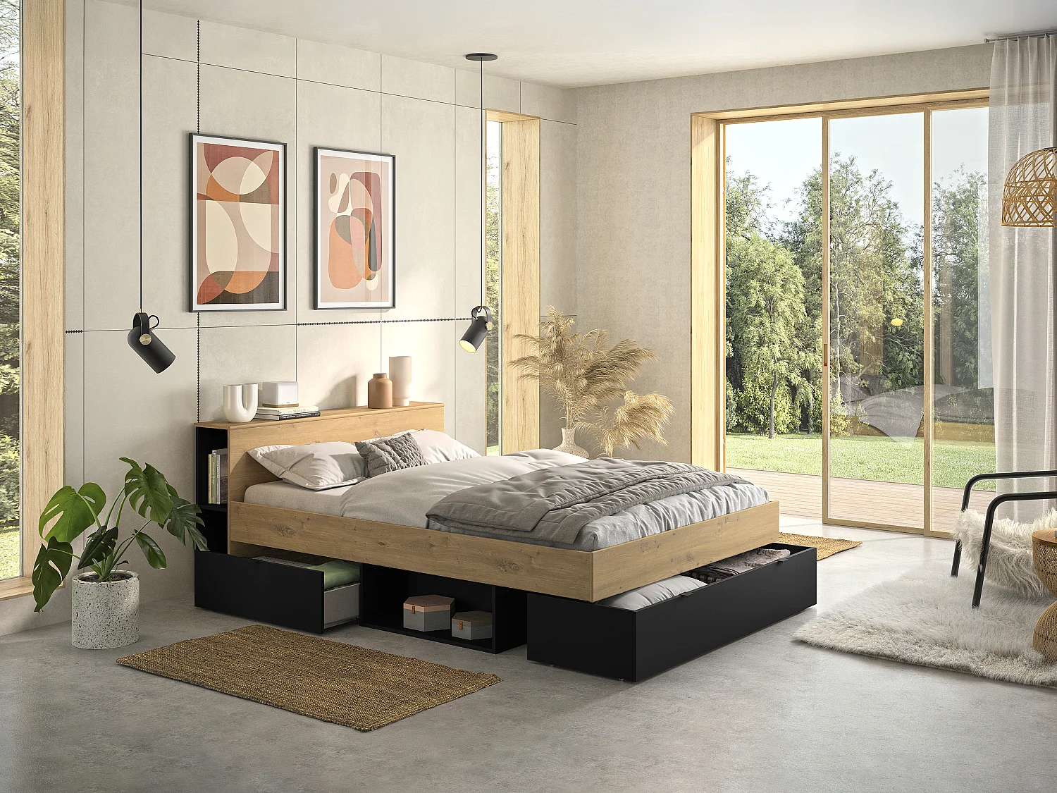 Bett - 140 x 190 cm - 3 Schubladen & 6 Ablagefächer + Lattenrost - Holzfarben & Schwarz - CIKETO