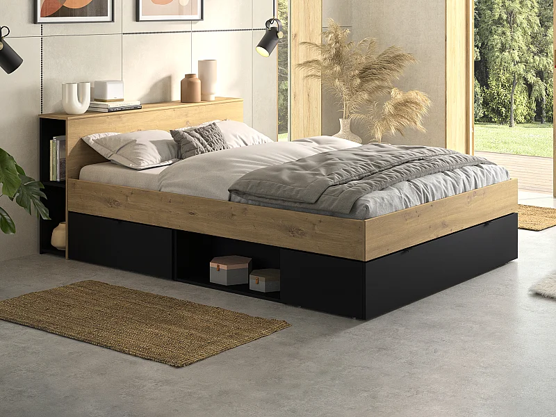Lit 140 x 190 cm - 3 tiroirs et 6 niches - Naturel et noir + Sommier - CIKETO