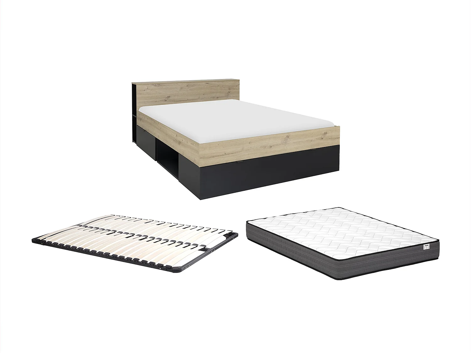Bed 140 x 190 cm - 3 lades en 6 nissen - Naturel en zwart + bedbodem + matras - CIKETO