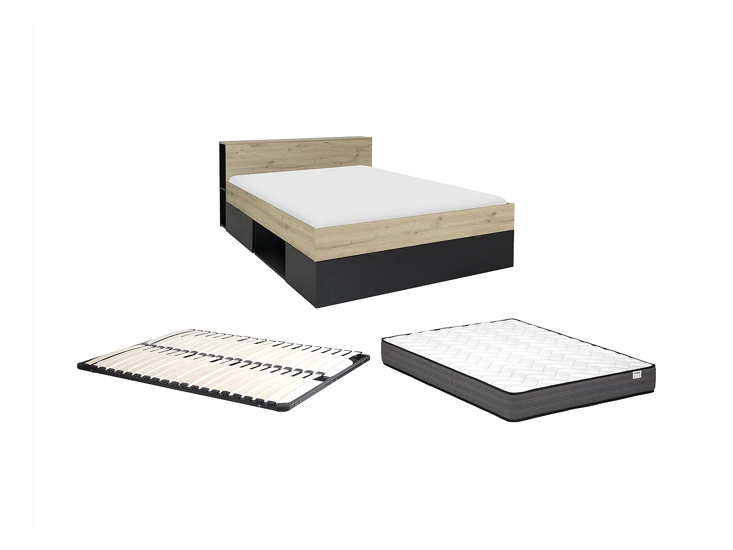 Letto 140 x 190 cm 3 cassetti e 6 nicchie Naturale e Nero + Rete a doghe + Materasso  - CIKETO