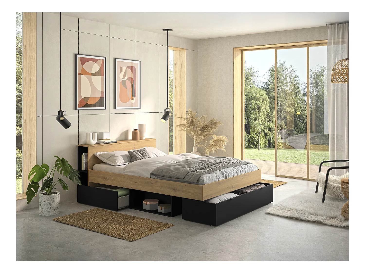 Letto 140 x 190 cm 3 cassetti e 6 nicchie Naturale e Nero + Rete a doghe + Materasso  - CIKETO