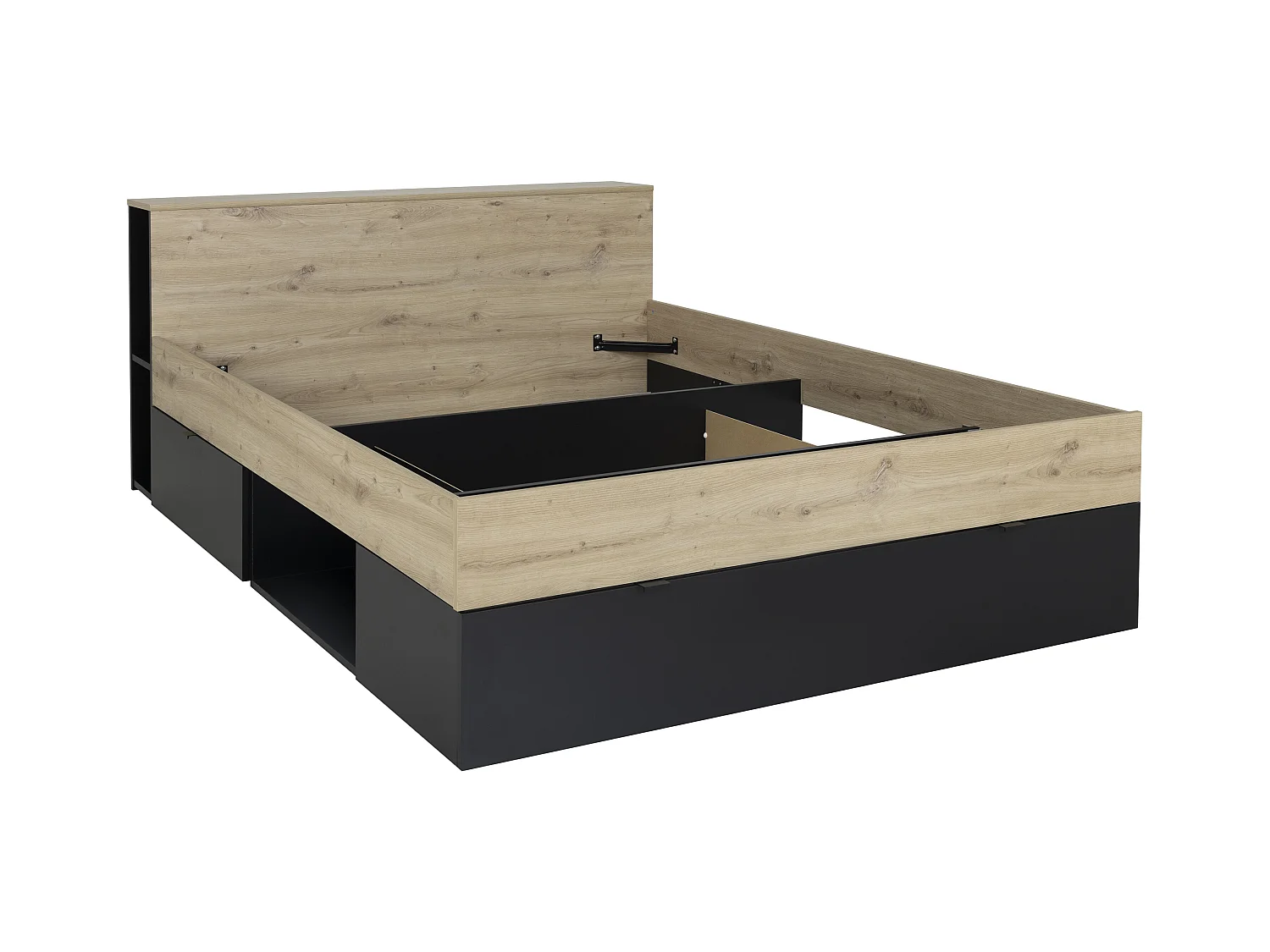 Letto 140 x 190 cm 3 cassetti e 6 nicchie Naturale e Nero + Rete a doghe + Materasso  - CIKETO