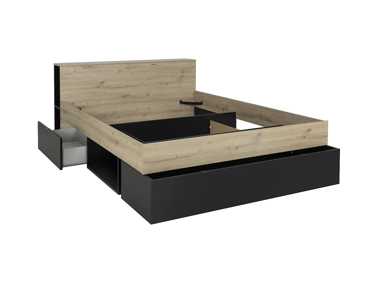 Letto 140 x 190 cm 3 cassetti e 6 nicchie Naturale e Nero + Rete a doghe + Materasso  - CIKETO