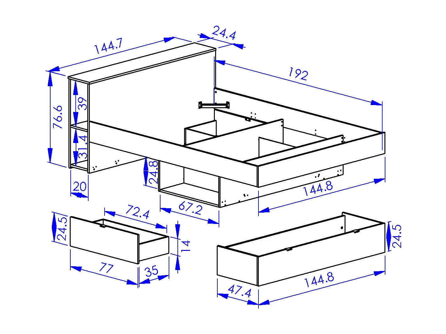 Lit 140 x 190 cm - 3 tiroirs et 6 niches - Naturel et noir + Sommier + Matelas - CIKETO