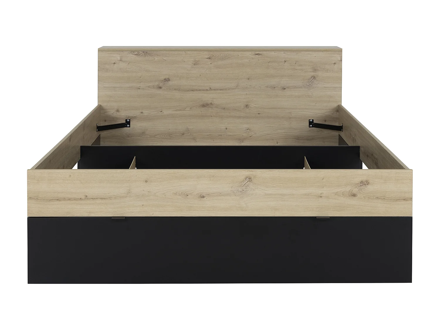 Lit 140 x 190 cm - 3 tiroirs et 6 niches - Naturel et noir + Sommier + Matelas - CIKETO