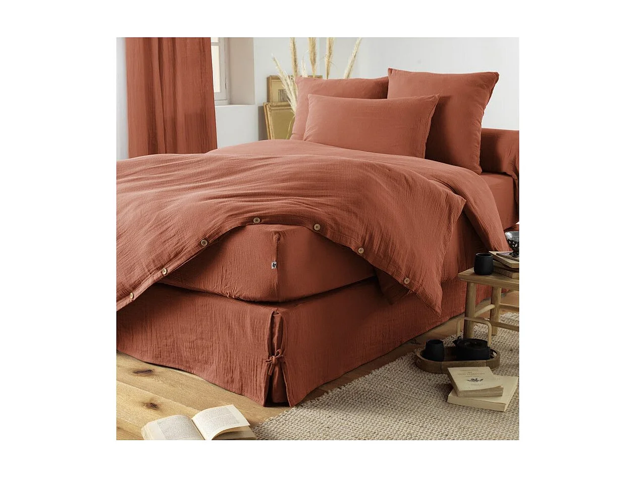 OUREA - Drap Housse 80x200cm Gaze de Coton Terracotta