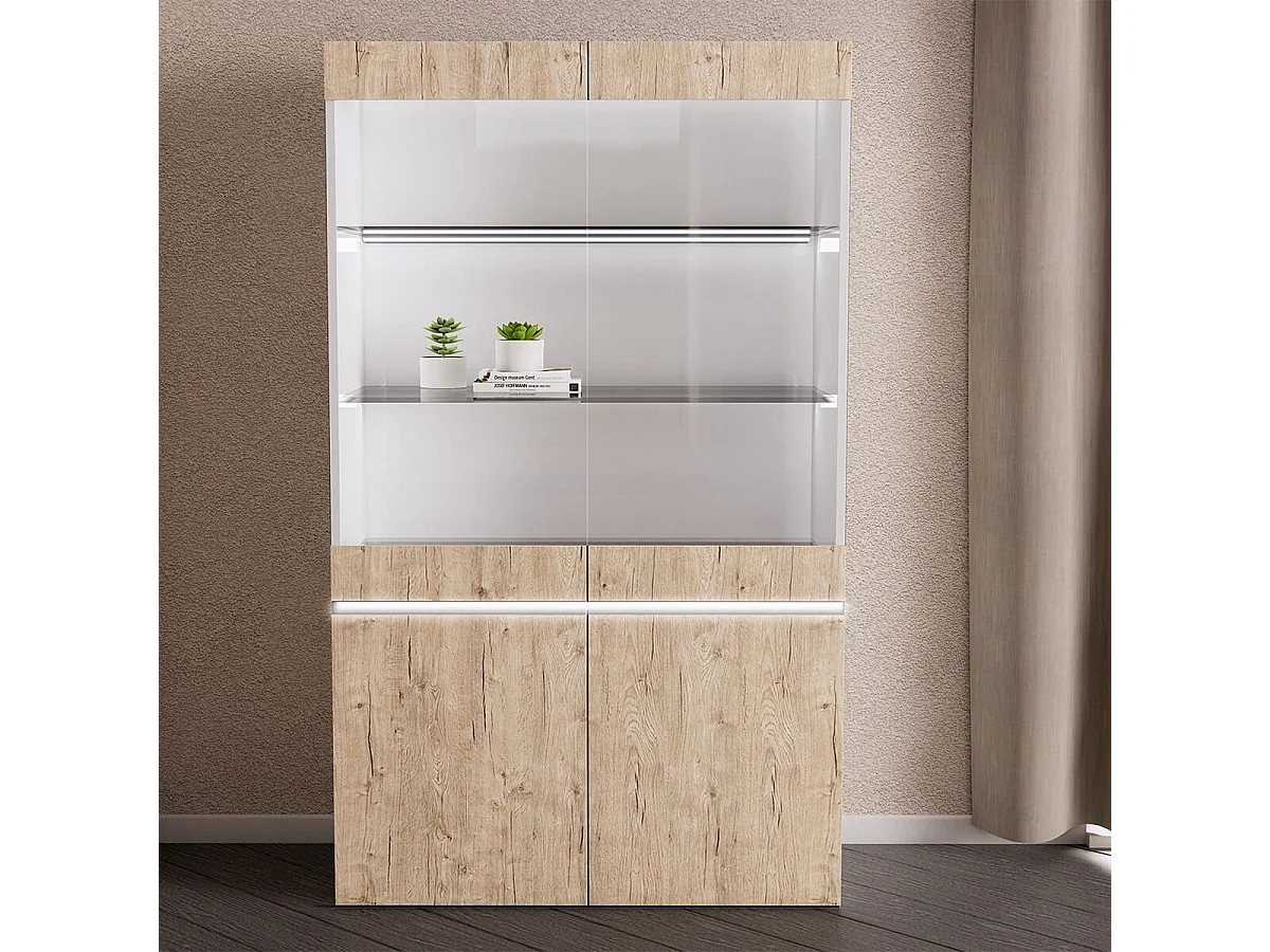 CHRIS OAK - Vitrine 2 Portes Laquée Blanc Brillant Aspect Boise avec Led