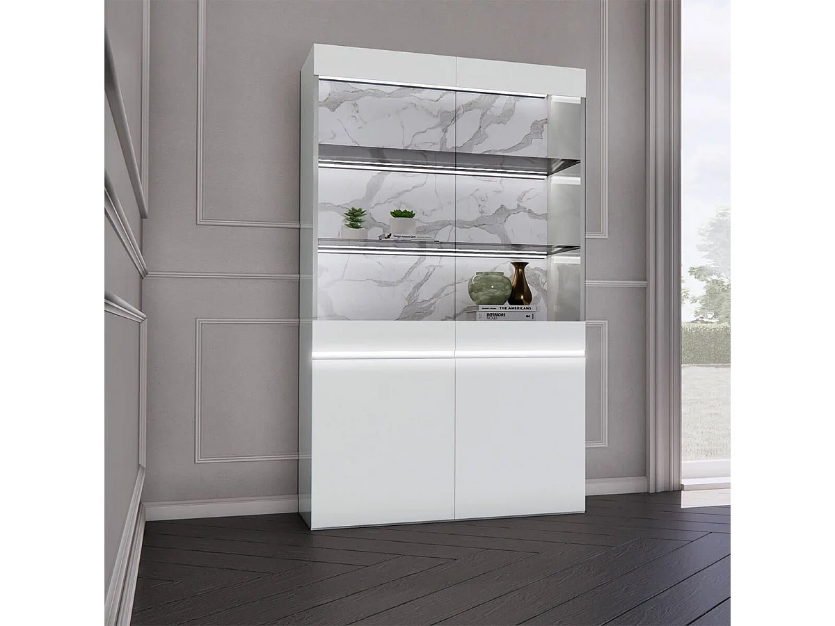 CHRIS WHITE - Vitrine 2 Portes Laquée Blanc Brillant Fond Imitation Marbre avec Led