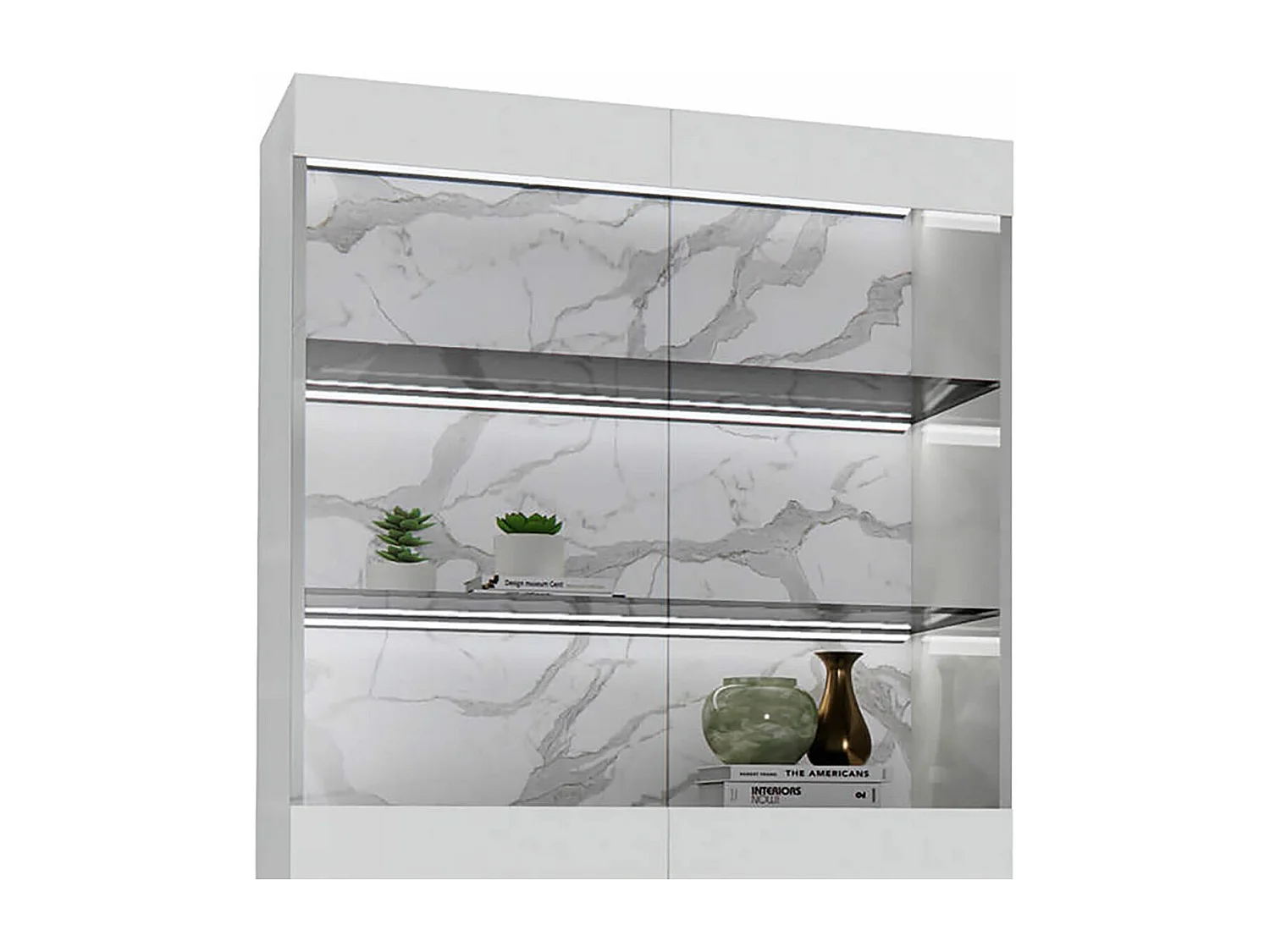 CHRIS WHITE - Vitrine 2 Portes Laquée Blanc Brillant Fond Imitation Marbre avec Led