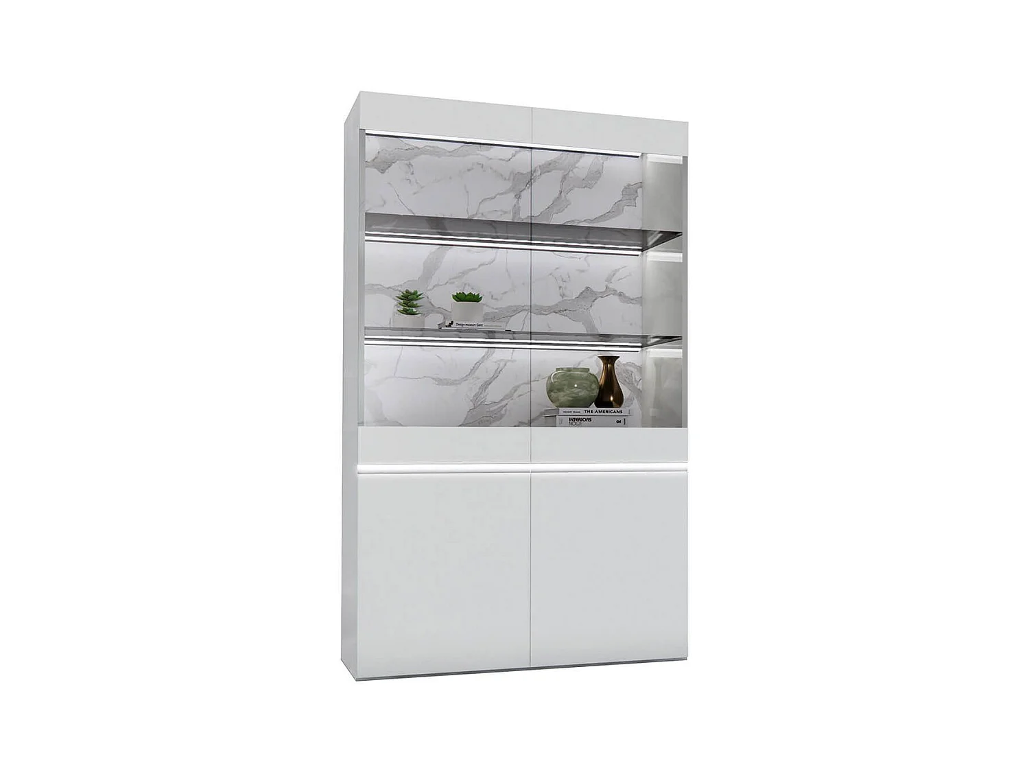 CHRIS WHITE - Vitrine 2 Portes Laquée Blanc Brillant Fond Imitation Marbre avec Led