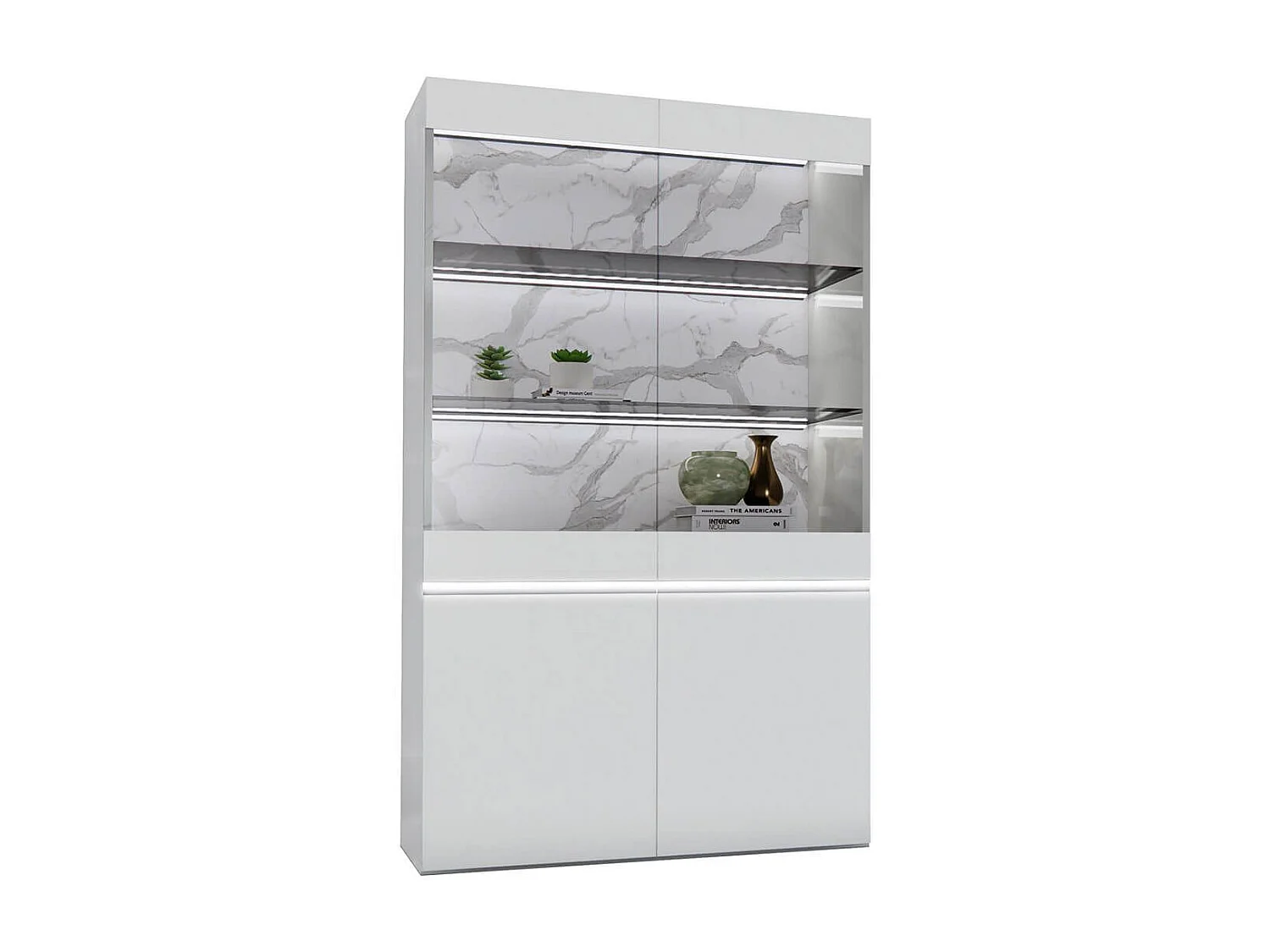 CHRIS WHITE - Vitrine 2 Portes Laquée Blanc Brillant Fond Imitation Marbre avec Led