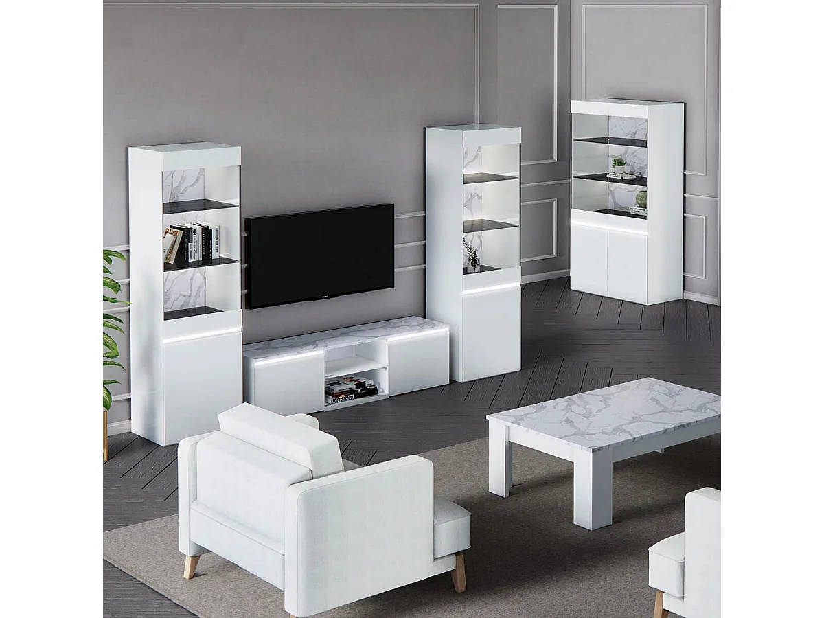 CHRIS WHITE - Vitrine 1 Porte Laquée Blanc Brillant Fond Imitation Marbre avec Led