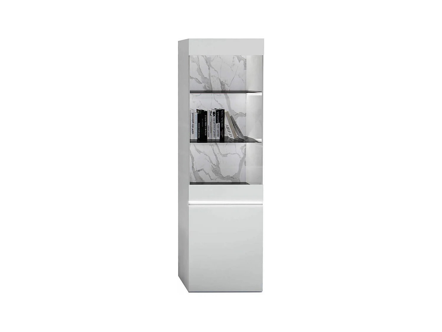 CHRIS WHITE - Vitrine 1 Porte Laquée Blanc Brillant Fond Imitation Marbre avec Led
