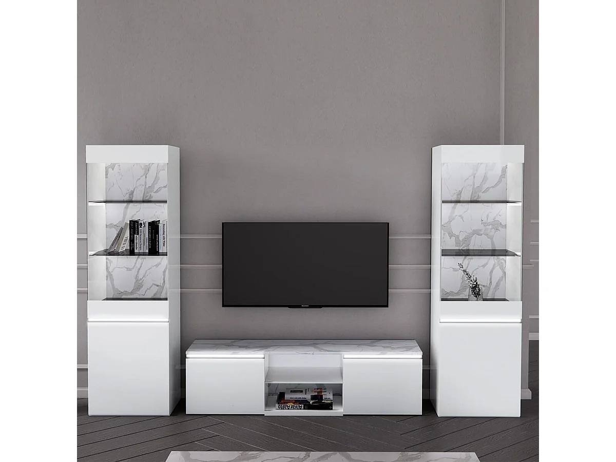 CHRIS WHITE - Vitrine 1 Porte Laquée Blanc Brillant Fond Imitation Marbre avec Led