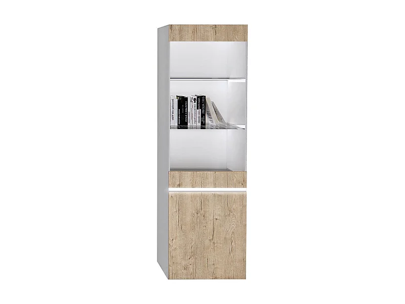 CHRIS OAK - Vitrine 1 Porte Laquée Blanc Brillant Aspect Bois avec Led