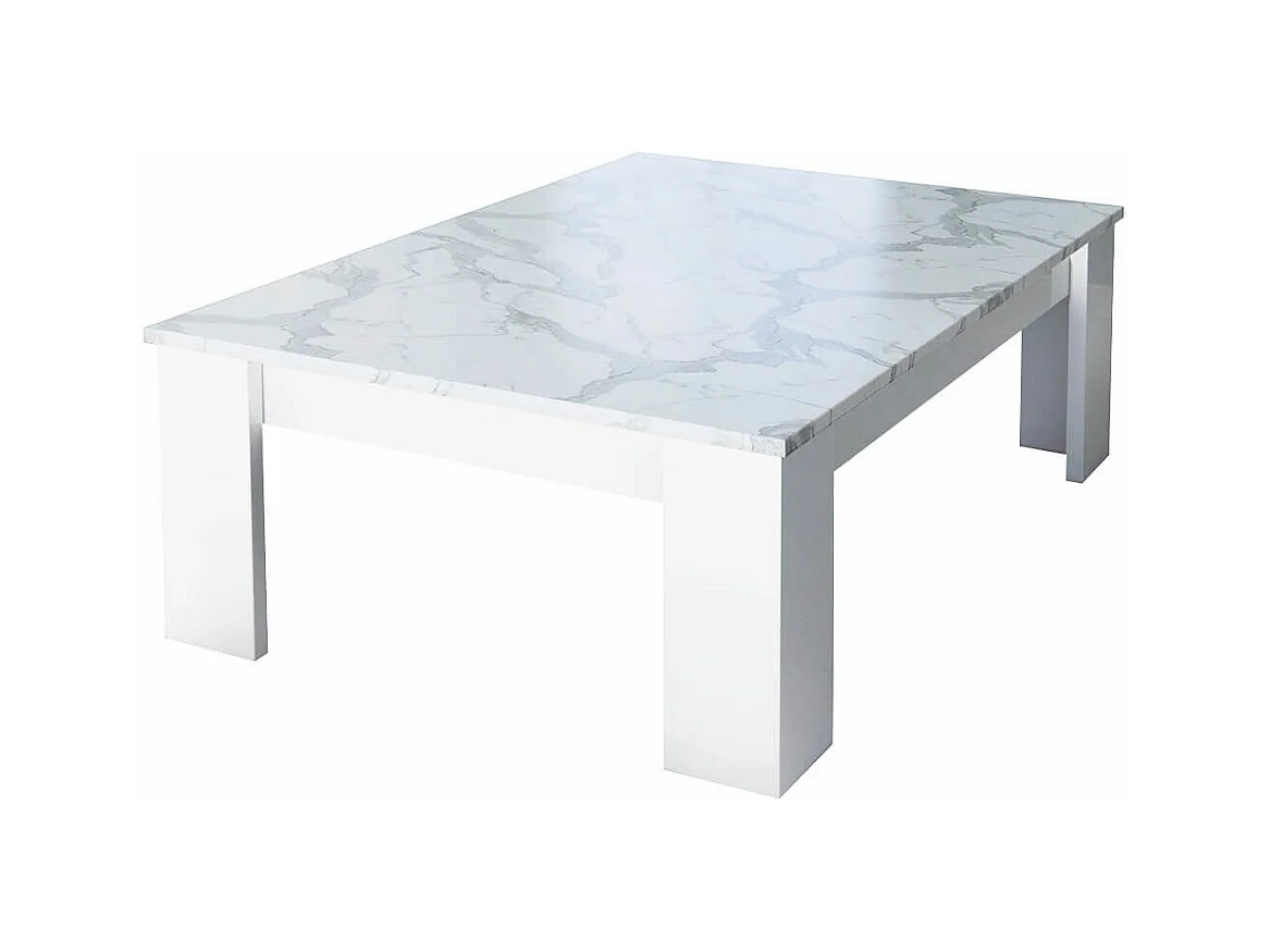 CHRIS WHITE - Table Basse Laquée Blanc Brillant Plateau Imitation Marbre