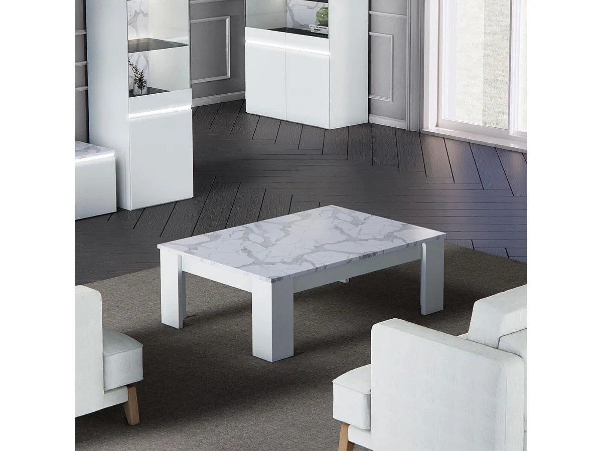 CHRIS WHITE - Table Basse Laquée Blanc Brillant Plateau Imitation Marbre