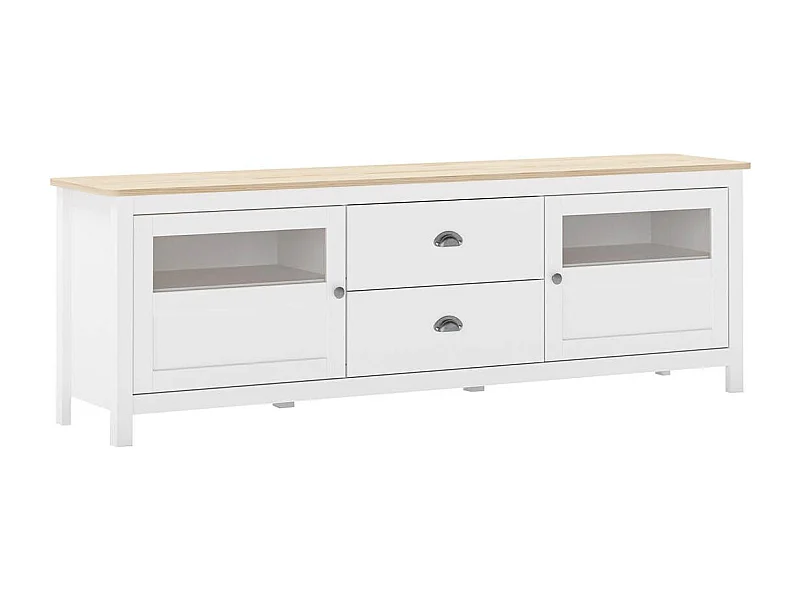 MASK - Meuble TV 2 Portes semi vitrées 2 Tiroirs en Pin Massif Naturel et Blanc