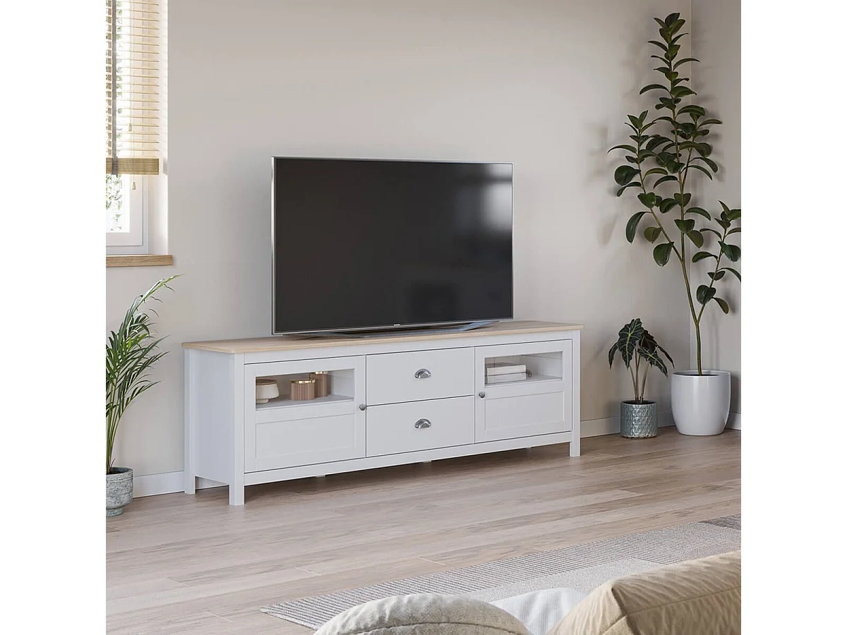 MASK - Meuble TV 2 Portes semi vitrées 2 Tiroirs en Pin Massif Naturel et Blanc