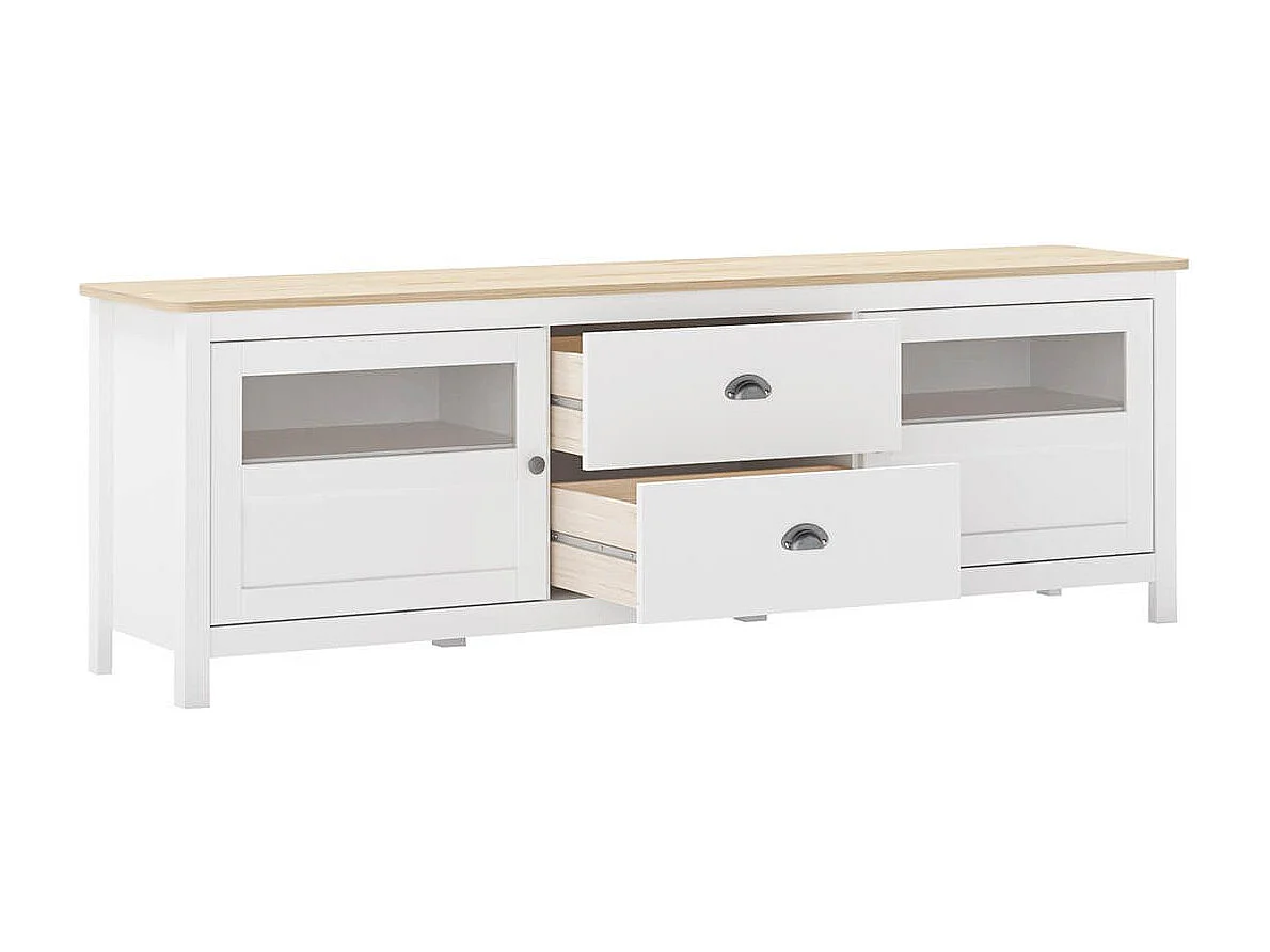 MASK - Meuble TV 2 Portes semi vitrées 2 Tiroirs en Pin Massif Naturel et Blanc