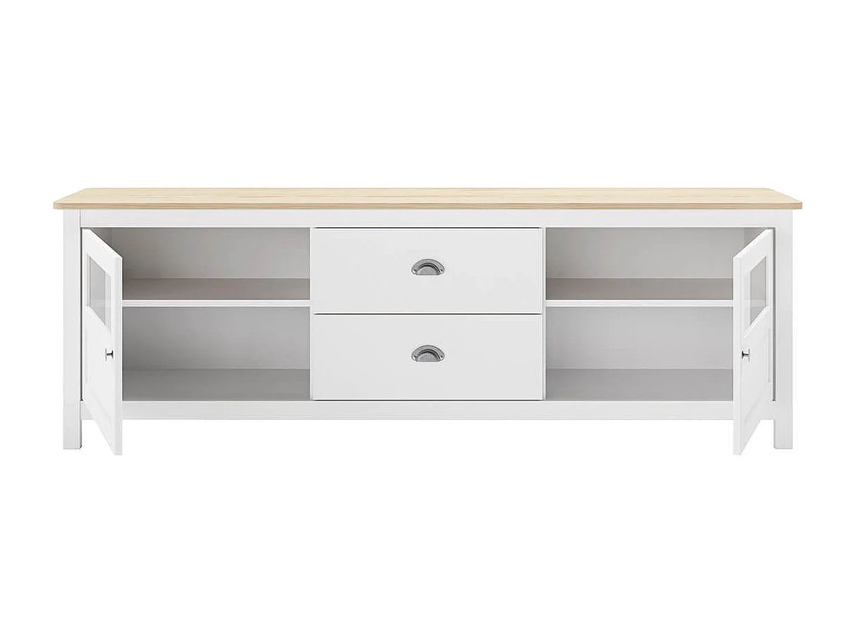 MASK - Meuble TV 2 Portes semi vitrées 2 Tiroirs en Pin Massif Naturel et Blanc