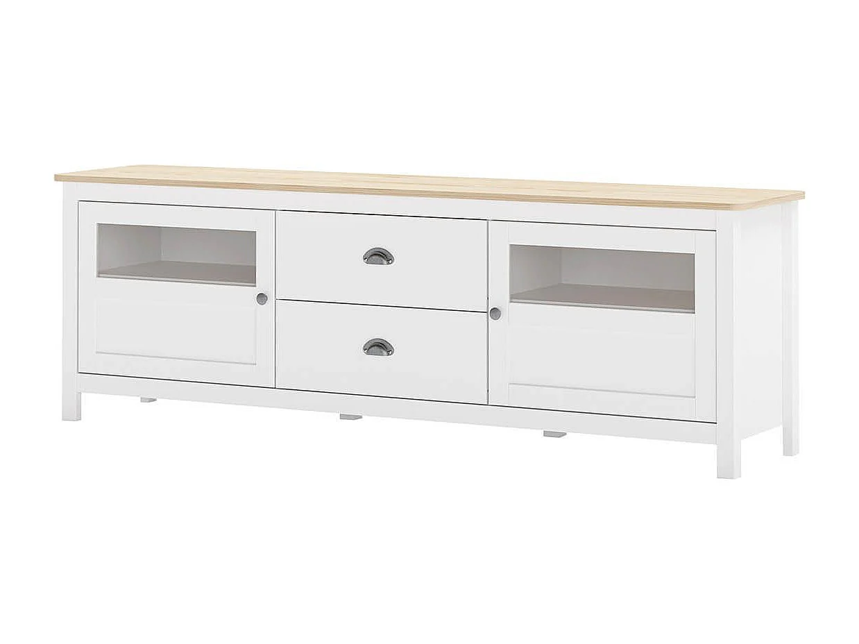 MASK - Meuble TV 2 Portes semi vitrées 2 Tiroirs en Pin Massif Naturel et Blanc