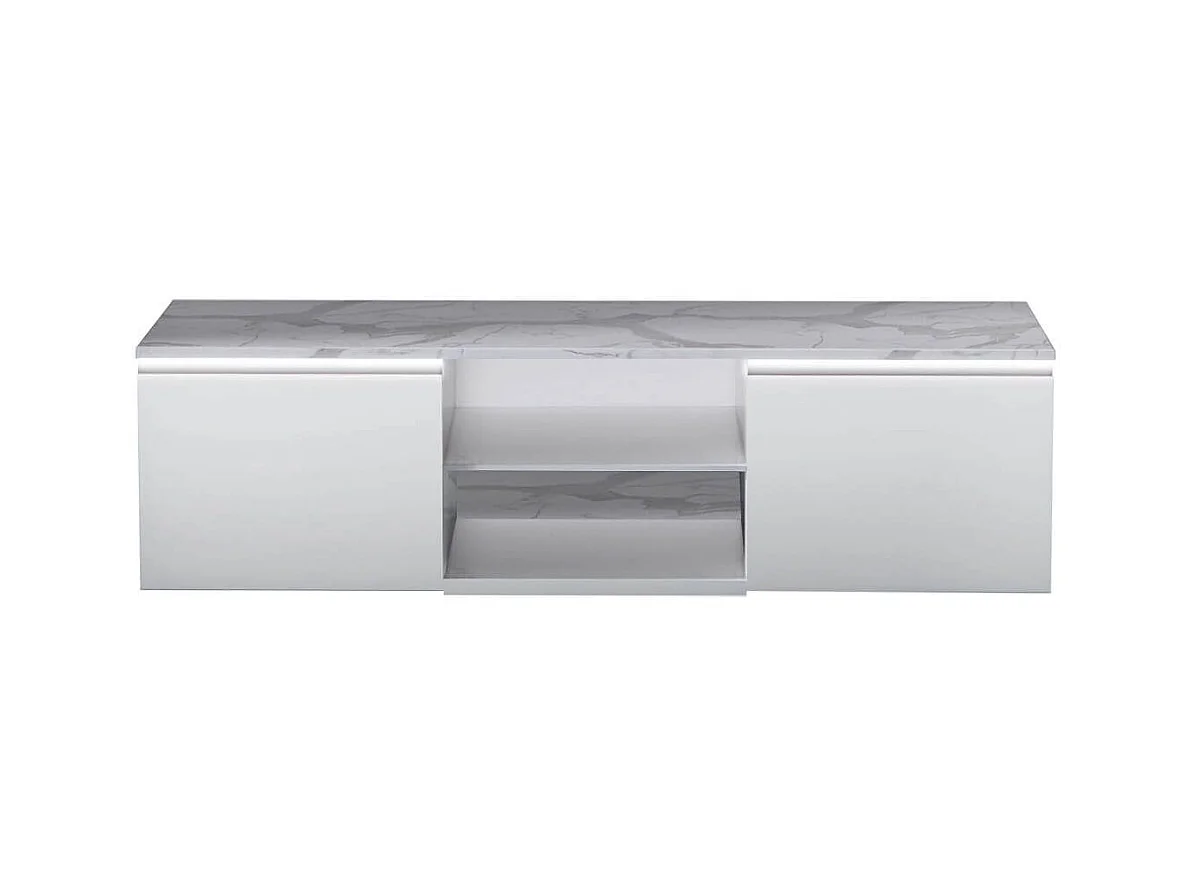 CHRIS WHITE - Meuble TV Blanc Laqué Brillant Plateau Imitation Marbre avec Led