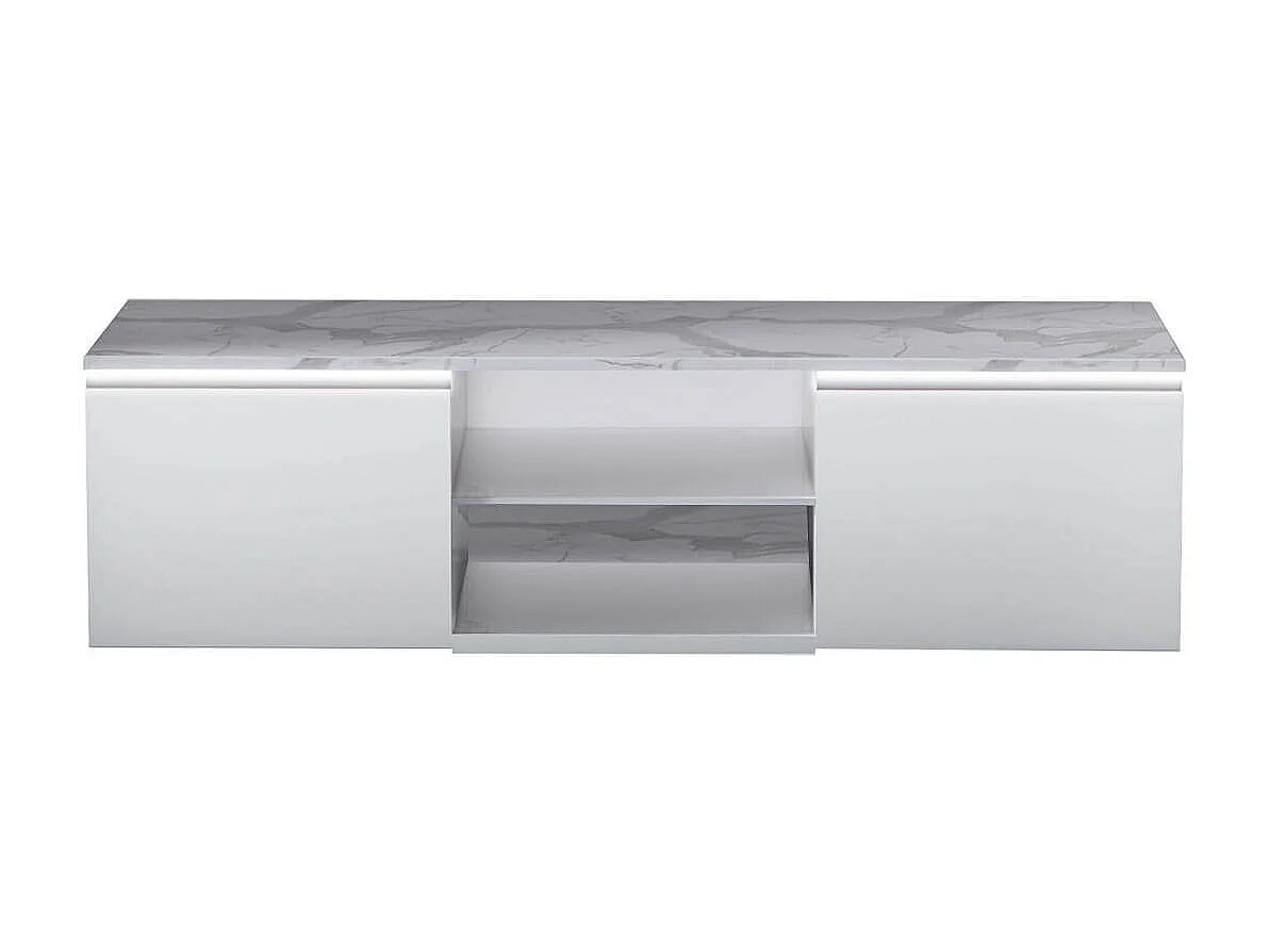 CHRIS WHITE - Meuble TV Blanc Laqué Brillant Plateau Imitation Marbre avec Led