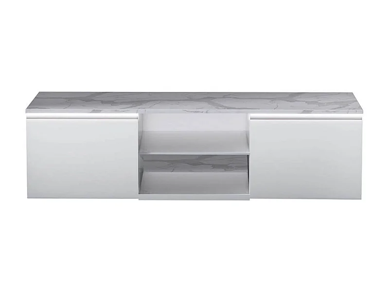 CHRIS WHITE - Meuble TV Blanc Laqué Brillant Plateau Imitation Marbre avec Led