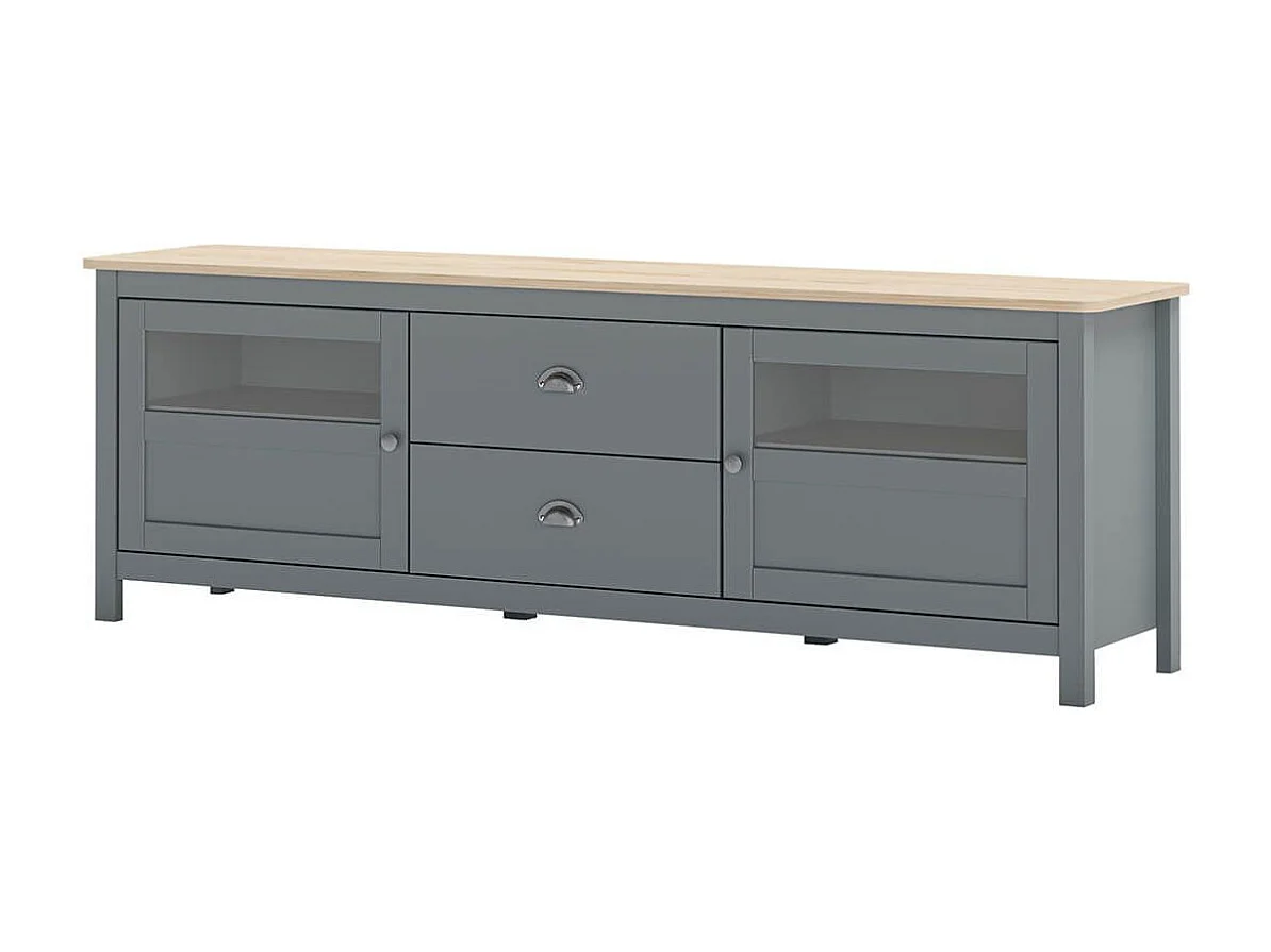 MASK - Meuble TV 2 Portes semi vitrées 2 Tiroirs en Pin Massif Naturel et Vert Céladon