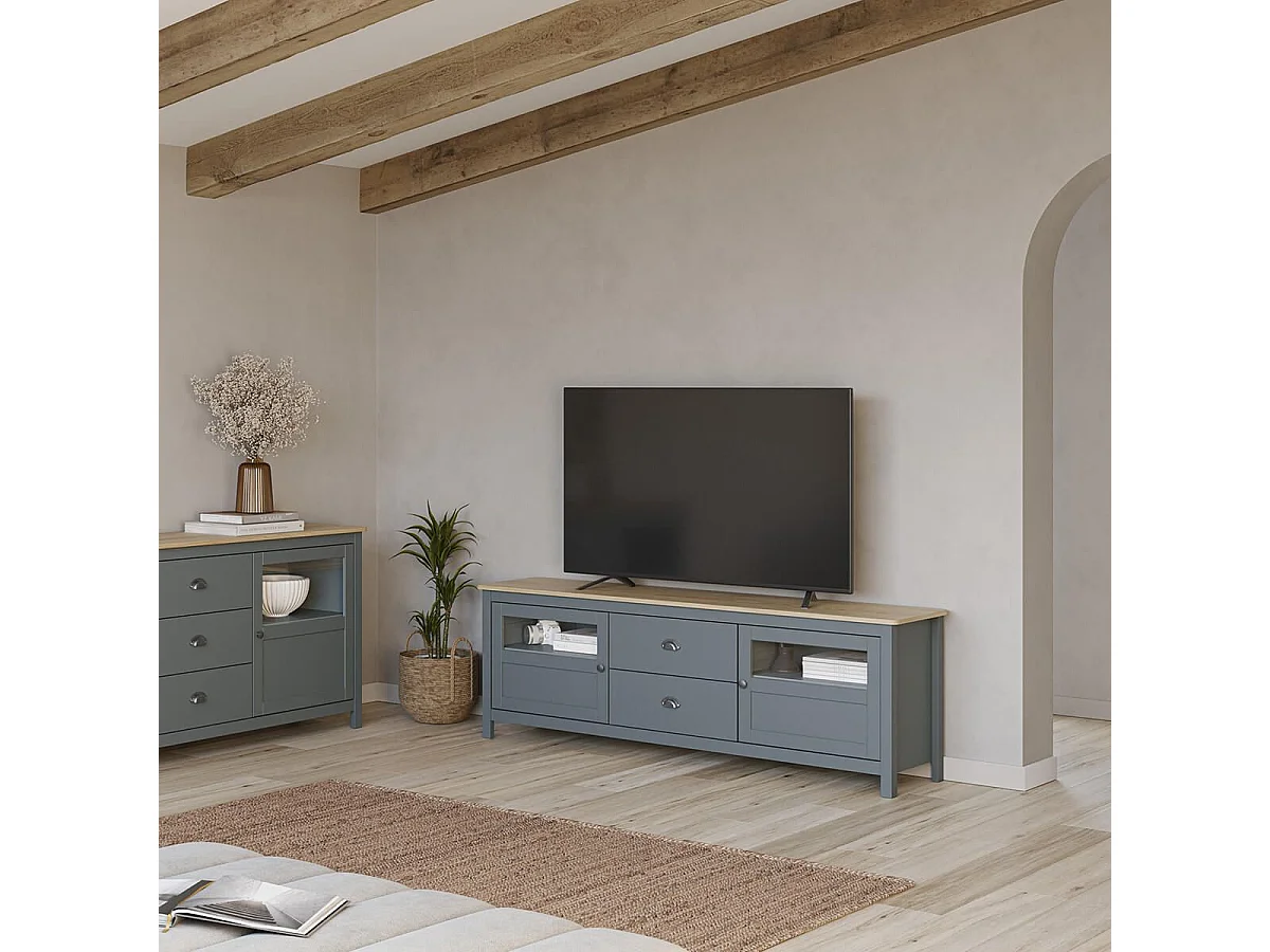 MASK - Meuble TV 2 Portes semi vitrées 2 Tiroirs en Pin Massif Naturel et Vert Céladon